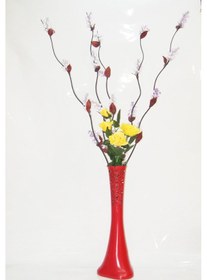 Resim 60 Cm Desenli Kırmızı Vazo 5 Adet Mor Üzüm Sarı Gül 