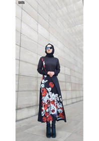 Resim Moda Kadın Tesettür Bisiklet Yaka Çiçekli Uzun Kollu Mikro Midielbise Siyah 