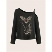 Resim Kadın Siyah Grafik Sweatshirt - Asimetrik Yaka, Uzun Kollu Üst Giyim, Kartal ve Gitar Baskısı, "Rock & Roll" Tasarımı, Sonbahar/Kış için Mükemmel, Gündelik Giyim|Asimetrik Yaka Çizgisi|Esnek Kumaş 