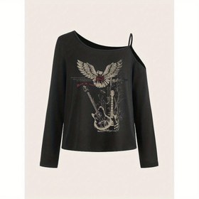 Resim Kadın Siyah Grafik Sweatshirt - Asimetrik Yaka, Uzun Kollu Üst Giyim, Kartal ve Gitar Baskısı, "Rock & Roll" Tasarımı, Sonbahar/Kış için Mükemmel, Gündelik Giyim|Asimetrik Yaka Çizgisi|Esnek Kumaş 