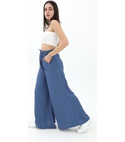 Resim Geniş Kemerli Bol Paça Düz Keten Kadın Pantolon - Mavi-mavi Mavi 