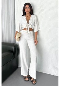 Resim Noa & Noa Kadın Bağlamalı Crop Bluz & Çizgili Bol Paça Kimono Pantolon Takımı Yazlık Şıklık Beyaz 