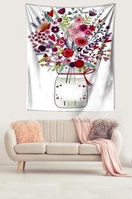 Resim Pelangi Vazodaki Çiçekler Kalpler Leke Tutmaz Kumaş Duvar Örtüsü Duvar Halısı Tapestry PNTR015, 70 x 70 