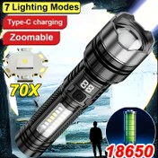 Resim 1 adet Taktiksel LED El Feneri, 2000 Lümen Yüksek Güçlü Elde Taşınabilir Fener 5 Modlu, USB Şarj Edilebilir 18650 Lityum Pil, Kamp, Yürüyüş, Açık Hava Acil Durumları için Taşınabilir Spot Işık - Plastik Gölgelik Dahil, Şarj Edilebilir El Feneri 