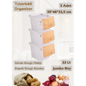 Resim 3’lü Jumbo Boy Tekerlekli Patateslik Soğanlık Oyuncak Kutusu Patates Soğan Sepeti Bambu 99 Lt 