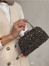 Resim Kristal Dökme Antrasit Taşlı Burslu Kadın El Ve Uzun Zincir Askılı Abiye Çanta Antrasit 