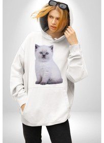 Resim Beyaz Yavru Kedi Kadın Erkek Beyaz Kapüşonlu Sweatshirt Hoodie Beyaz 