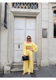 Resim Bonacosa Kadın Viskon 3 Lü Takım Kimono + Beli Lastikli Salaş Pantolon + Crop 8 Renk Sarı 