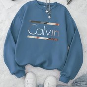 Resim Kadınlar için Rahat Yaka Sweatshirt - "Calvin" Harf Baskısı, Yumuşak Mavi, Uzun Kollu, Tüm Mevsimler İçin Rahat Giyim, Grafik Sweatshirt, Rahat Fit, Sweatshirt Hoodie 