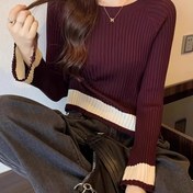 Resim Kadınlar için Dar Kesim Renk Bloklu Kazak - Yüksek Esneklikli Uzun Kollu Yuvarlak Yaka, Bordo & Bahar/Sonbahar için Rahat Şık Üst, Bayanlar Kazakları, Zarif Katmanlama Parçası, Yüksek Esneklikli Kumaş, Saydam Olmayan Malzeme 