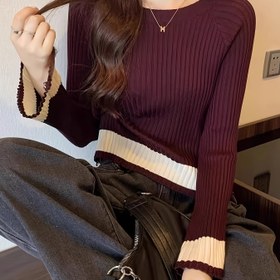 Resim Kadınlar için Dar Kesim Renk Bloklu Kazak - Yüksek Esneklikli Uzun Kollu Yuvarlak Yaka, Bordo & Bahar/Sonbahar için Rahat Şık Üst, Bayanlar Kazakları, Zarif Katmanlama Parçası, Yüksek Esneklikli Kumaş, Saydam Olmayan Malzeme 