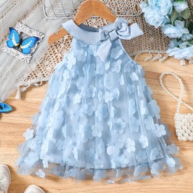 Resim Kızlar için Hafif Mavi Çiçekli Kolsuz A-Line Elbise - Sevimli Yazlık Rahat Elbise, Kurdele Detayı ile, Esnek Olmayan Polyester Kumaş, Gençler için Diz Boyu, Yazlık Elbise 