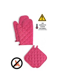 Resim Yanmaz Ve Isıya Dayanıklı Fırın Eldiveni Ve Tutacak 2 Eldiven, 2 Tutacak Fuşya 
