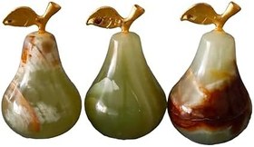 Resim Doğal Oniks Taşı Dekoratif Armut Biblo, 5 cm, Altın Detaylı, 3'lü Set 