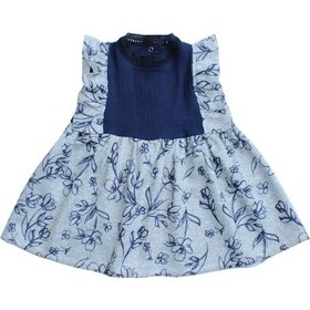 Resim Dantel Ve Fırfır Detaylı Pamuklu Örme Mavi Gri Kız Çocuk Bebek Elbise 001 