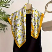 Resim 1 adet Kadın Sarı Limon Baskılı Kare Şal - %100 Polyester Saten, Yumuşak ve Hafif, Rüzgar Geçirmez, Yeşil Yapraklı ve Sarı Limonlu Sevimli Çiçek Tasarımı, Günlük Geziler ve Plaj Günleri için Mükemmel, Limon Mutfak Dekoru 