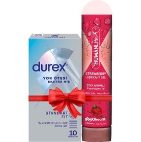 Resim Durex Yok Ötesi Ekstra İnce Ekstra His 10'lu Prezervatif + Humanlife 125 Ml Çilek Aromalı Kayganlaştırıcı Jel Lubricant 
