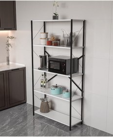 Resim Metal Kitaplık 5 Raflı Ev Ofis Rafı Dosya Kitap Mutfak Rafı Çok Amaçlı Geniş Raflı 180cm Beyaz 