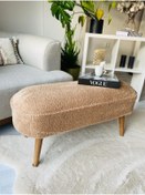 Resim WEBPANYA Retro Ceviz Renk Ahşap Ayaklı Geniş Oturum Alanlı Oval Bench Puf Kahverengi Teddy Kumaş 