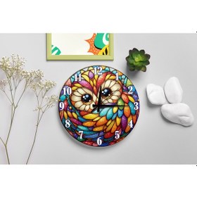 Resim Vitray Efektli Renkli Mozaik Baykuş Duvar Saati Çok Renkli 