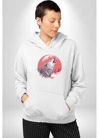 Resim Uluyan Beyaz Kurt Kadın Erkek Beyaz Kapüşonlu Sweatshirt Hoodie Beyaz 