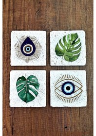 Resim Doğal Taş Bardak Altlığı Nazar Ve Yaprak 10x10cm Stone Coasters 4'lü Set Çok Renkli 
