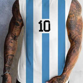 Resim Erkekler için Kolsuz Atletik Tank Top - Beyaz ve Mavi Çizgili Tasarım, Yuvarlak Yaka, Hafif Polyester, Yetişkinler için Yazlık Dış Mekan Spor Yeleği, Açık Hava Aktivite Giyimi | Arjantin Bayrağı Tasarımı | Polyester Lif 