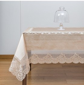 Resim Çini Desenli Örme Leke Tutmaz Masa Örtüsü Sütlü Kahverengi 