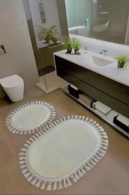 Resim My Evilla Modern Simirna Dekoratif Peluş Oval Ponpon Saçaklı Klozet Takımı Krem 