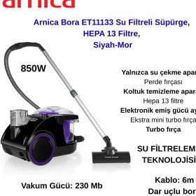 Resim Arnica 850W Toz Torbasız Bora ET11133 Su Filtreli Süpürge, Hepa 13 Filtre, Siyah-Mor 