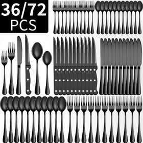 Resim 36/72 adet Paslanmaz Çelik Siyah/Gümüş Çatal Bıçak Takımı - Ayna Parlatma, 6/12 Kişilik için Bulaşık Makinesinde Güvenli - Steak Bıçağı/Çatal/Kaşık Seti Noel, Cadılar Bayramı, Şükran Günü, Düğün için - Ev, Restoran, Parti Hediyeleri için Lüks Yemek Takımı, Noel için En İyi, Şükran Günü için Mükemmel 