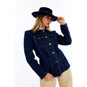 Resim Kadın Denim Ceket Uzun Kollu Jean Ceket, Şık Ve Günlük Kombin Koyu Mavi 
