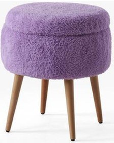 Resim Teddy Ahşap Ayaklı Sandıklı Yuvarlak Puf Makyaj Masası Pufu - Dekoratif Ayak Uzatma Pufu Mor 