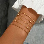 Resim 5'li Şık Altın Tonlu Bilezik Seti, Aşk Kalp Süsleri ile - Basit & Klasik Tarz, Demir İşçiliği, Kadınlar için Günlük Kullanım İnce Zincir Yığın Koleksiyonu, Bilezik Süsleri 