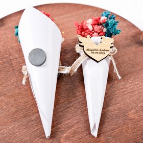 Resim Kişiye Özel Mıknatıslı Mini Buket Düğün Hediyesi, Kına Hediyeleri, Ahşap Etiketli Mini Buket Nikah Hediyeleri 