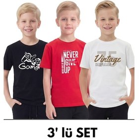 Resim Fyk Kids 3'lü Yuvarlak Yakalı Baskı Detaylı Basic 3 Parça Erkek Çocuk Tişört Siyah - Kırmızı 