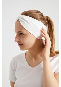 Resim Butik Çapraz Bağlamalı Kadın Bandana Saç Bandı, Kaymaz Yumuşak Esnek%100 Pamuklu Penye - Tek Ebat / Düz Beyaz Düz Beyaz 