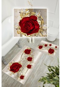 Resim Dijital Baskı Gül Desen Kaymaz Taban 2li Set Banyo Paspası Klozet Takımı 50x60cm-60x100cm Krem 