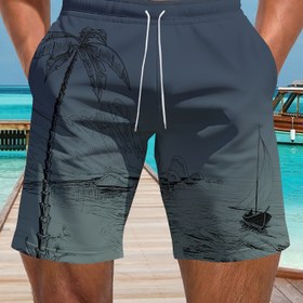 Resim Erkekler için Yazlık Plaj Mayo Şortları Cepli - Ayarlanabilir İpli Bel, Koyu Gri Geometrik Baskı, Hafif Polyester, Havuz veya Tatil için Rahat & Şık, Havuz Kenarı Şortları | Rahat Mayo Şortları | Pürüzsüz Dokulu Kumaş 