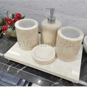 Resim Sümeyra Marble Art Light Ivory - Doğal Bej Mermer Banyo Seti | 5li | Boncuk Ayaklı | 