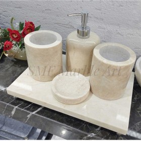Resim Sümeyra Marble Art Light Ivory - Doğal Bej Mermer Banyo Seti | 5li | Boncuk Ayaklı | 