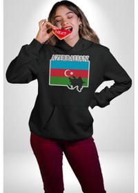 Resim Azerbeycan Bayrak Ülke Kadın Erkek Siyah Kapüşonlu Sweatshirt Hoodie Siyah 