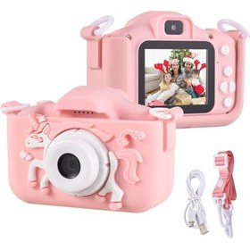 Resim Mufunye 1080p Çizgi Film Çocuk Dijital Kamerası, 20 Megapiksel Lens, 2,0 İnç Ips Ekran, Pembe Tek Boynuzlu Atın Fotoğraf Ve Videolarını Çekebilir 