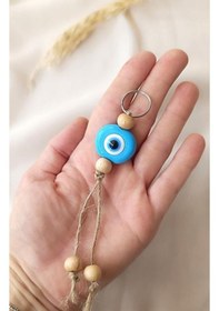 Resim Nazar Boncuk Mavi Anahtarlık 5 Adet Kötü Göz Kovucu Ahşap Boncuklu Nazar Hand Made Hasır Nazarlı Anahtarlık 