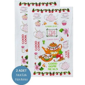 Resim 2li Paket Baskılı Beyaz Mutfak Havlusu Modeli Good Day 