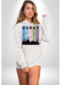 Resim Dubai Şehir Silüeti Renkli Şehir Kadın Erkek Beyaz Kapüşonlu Sweatshirt Hoodie Beyaz 