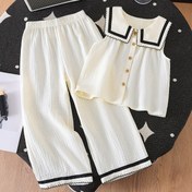 Resim Bahar ve Yaz Genç Kızlar için Yeni Şık ve Çok Yönlü Trendy Basit Tasarım, Ahşap Taneli Düğme Süslemesi Zarif Çizgi Trim Dalga Yaka Kolsuz Tekstil Üst + Çizgi Trim ve Dalga Yaka Süslemeli Uzun Pantolon, Günlük Gezintiler ve Partiler için Rahat İki Parça Takım, Arkadaşlar ve Aileler için Zarif Hediye, Dış Mekan için 