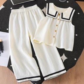 Resim Bahar ve Yaz Genç Kızlar için Yeni Şık ve Çok Yönlü Trendy Basit Tasarım, Ahşap Taneli Düğme Süslemesi Zarif Çizgi Trim Dalga Yaka Kolsuz Tekstil Üst + Çizgi Trim ve Dalga Yaka Süslemeli Uzun Pantolon, Günlük Gezintiler ve Partiler için Rahat İki Parça Takım, Arkadaşlar ve Aileler için Zarif Hediye, Dış Mekan için 