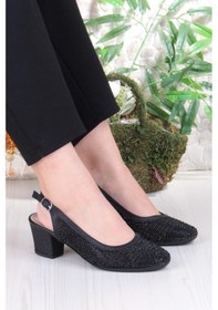 Resim Fort 86004 Nur Dantel Taş Detaylı Arkası Açık Alçak Topuklu Kadın Ayakkabı siyah 
