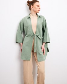 Resim Yefrastore Soft Yeşil Flam Keten Kimono Gömlek 